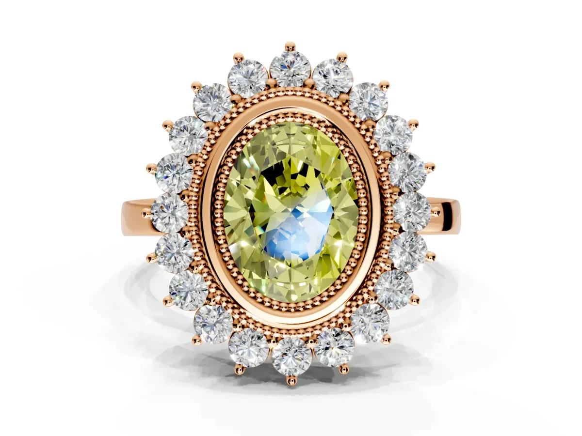 Halo Engagement Ring Setting for Fancy Yellow Oval Center with Milgrain Bezel Rim, Plain Band and Prong Head in Rose Gold
