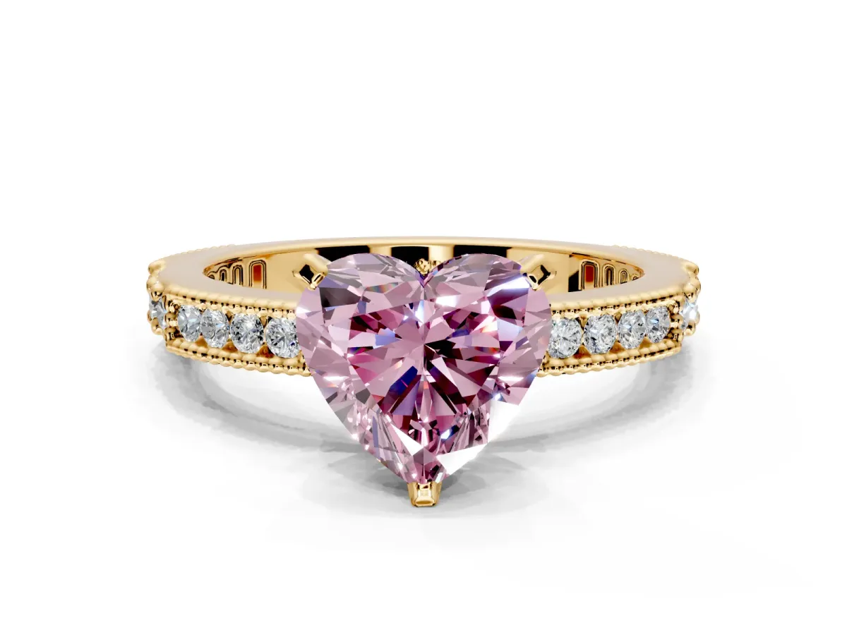 Solitaire Engagement Ring Setting for Fancy Pink Heart-Shaped Center with Milgrain-Edged Pave Band and Prong Head in Yellow Gold