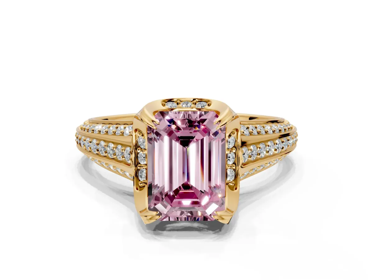 Solitaire Engagement Ring Setting for Fancy Pink Emerald Cut Center with Accented Split Shank and Prong Head in Yellow Gold