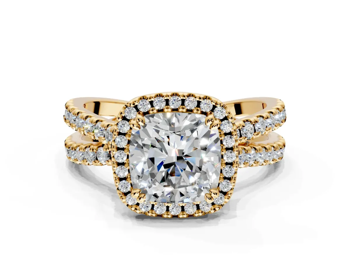 Halo Engagement Ring Setting for Cushion Cut Center with Double Pave Split Shank and Prong Head in Yellow Gold