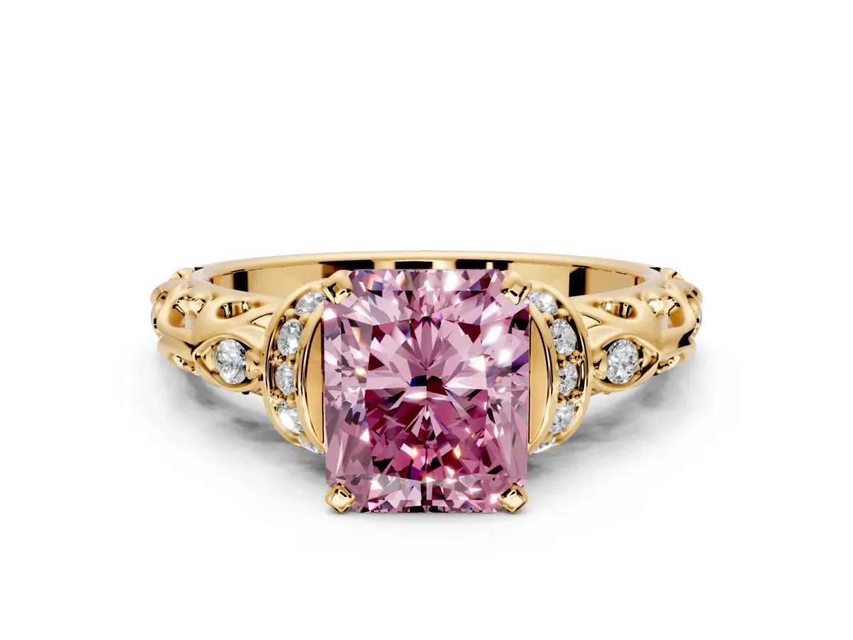 Solitaire Engagement Ring Setting for Fancy Pink Radiant Cut Center with Filigree Band and Prong Head in Yellow Gold