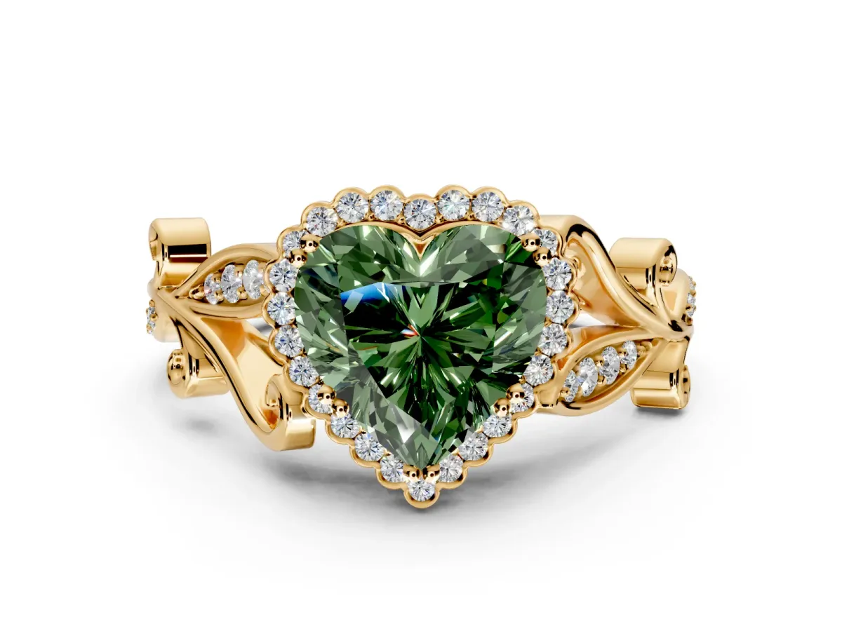 Halo Engagement Ring Setting for Fancy Green Heart-Shaped Center with Leaf Motif Split Shank and Prong Head in Yellow Gold