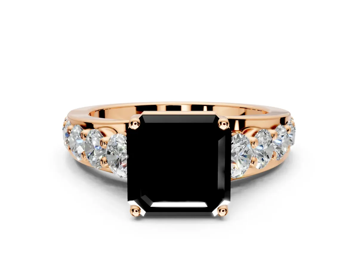 Solitaire Engagement Ring Setting for Fancy Black Asscher Cut Center with Graduated Shared Prongs and Prong Head in Rose Gold