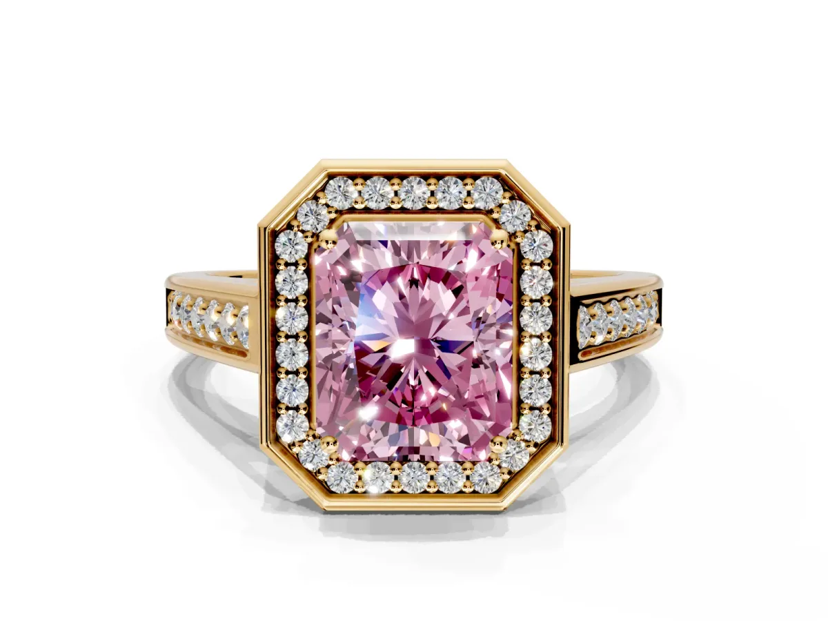 Halo Engagement Ring Setting for Fancy Pink Emerald Cut Center with Outer Bezel Rim, Pave Band and Prong Head in Yellow Gold