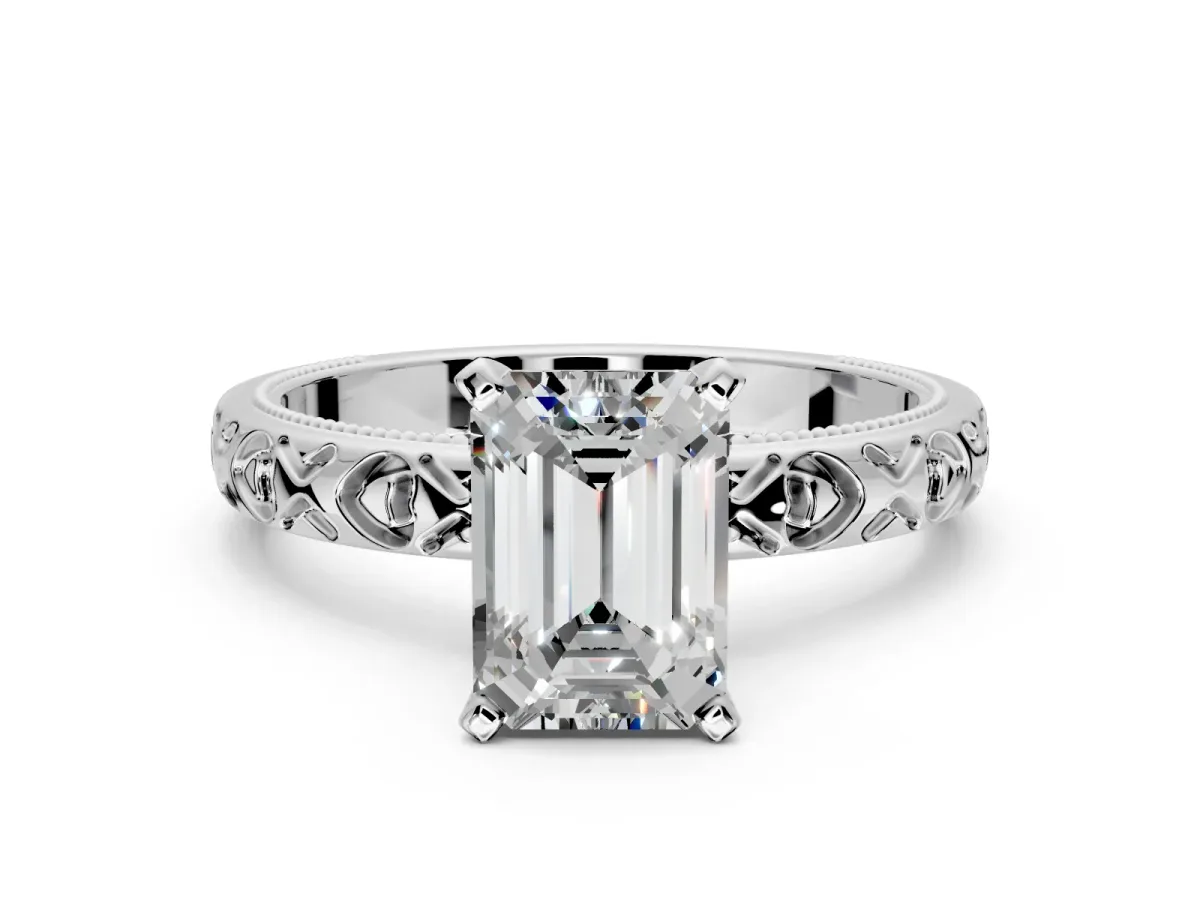 Solitaire Engagement Ring Setting for Emerald Cut Center with XO Engraved Band and Prong Head in Sterling Silver