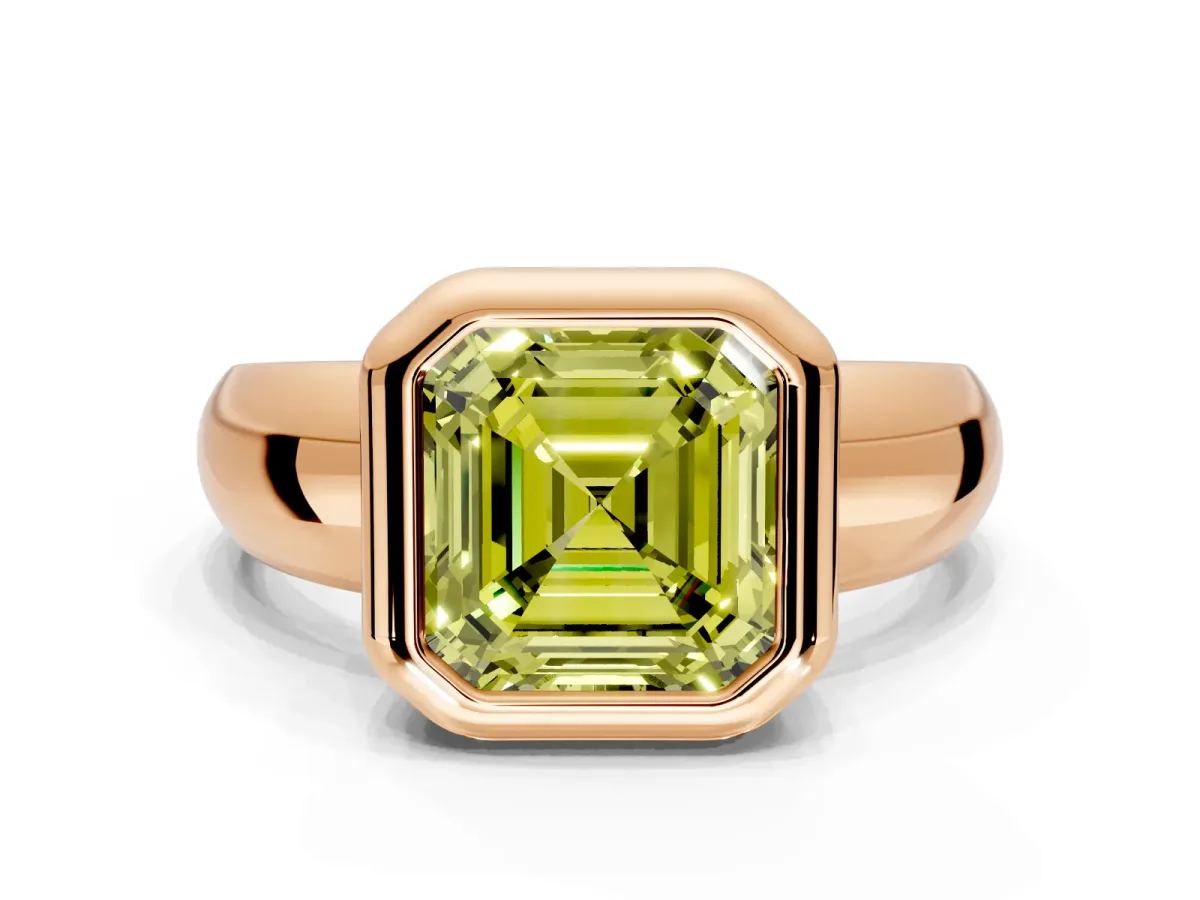 Solitaire Engagement Ring Setting for Fancy Yellow Asscher Cut Center with Wide Band and Bezel Head in Rose Gold