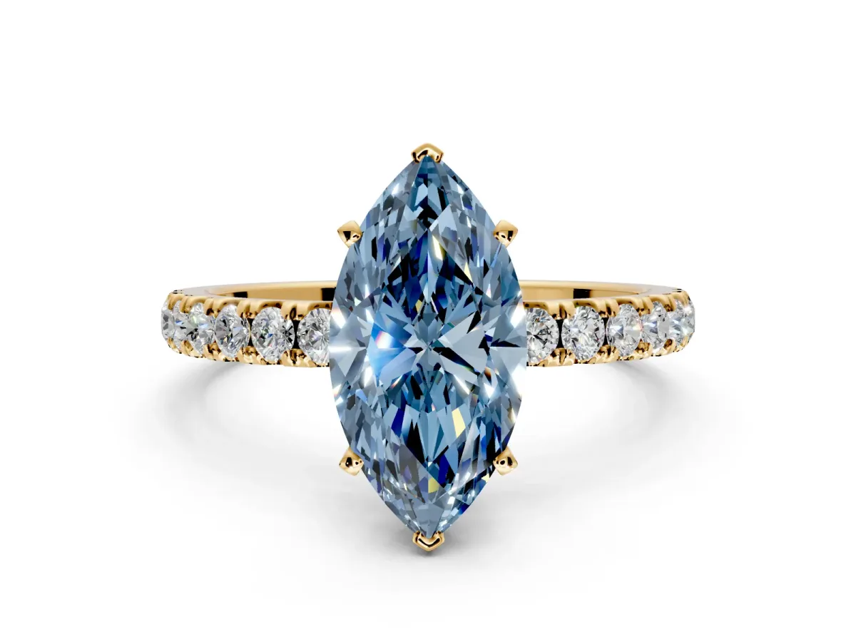 Open Basket Engagement Ring Setting for Fancy Blue Marquise Center with Pave Band and Prong Head in Yellow Gold