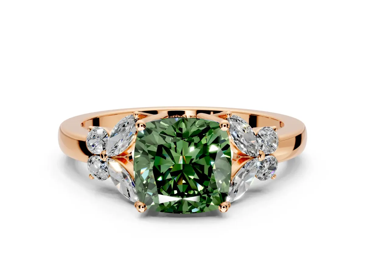 Solitaire Engagement Ring Setting for Fancy Green Cushion Cut Center with Marquise Flower Shoulders and Prong Head in Rose Gold