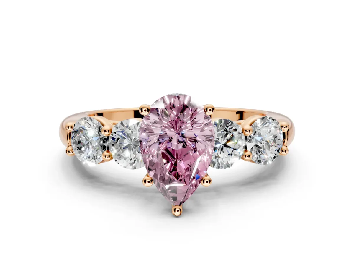 5 Stone Engagement Ring Setting for Fancy Pink Pear-Shaped Center with Graduated Accents and Prong Head in Rose Gold