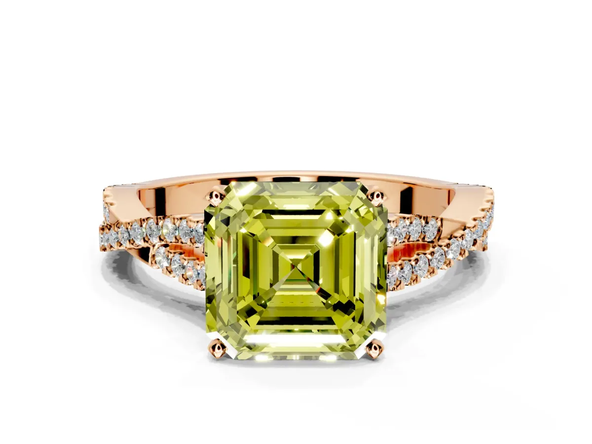 Solitaire Engagement Ring Setting for Fancy Yellow Asscher Cut Center with Twisted Pave Split Shank and Prong Head in Rose Gold