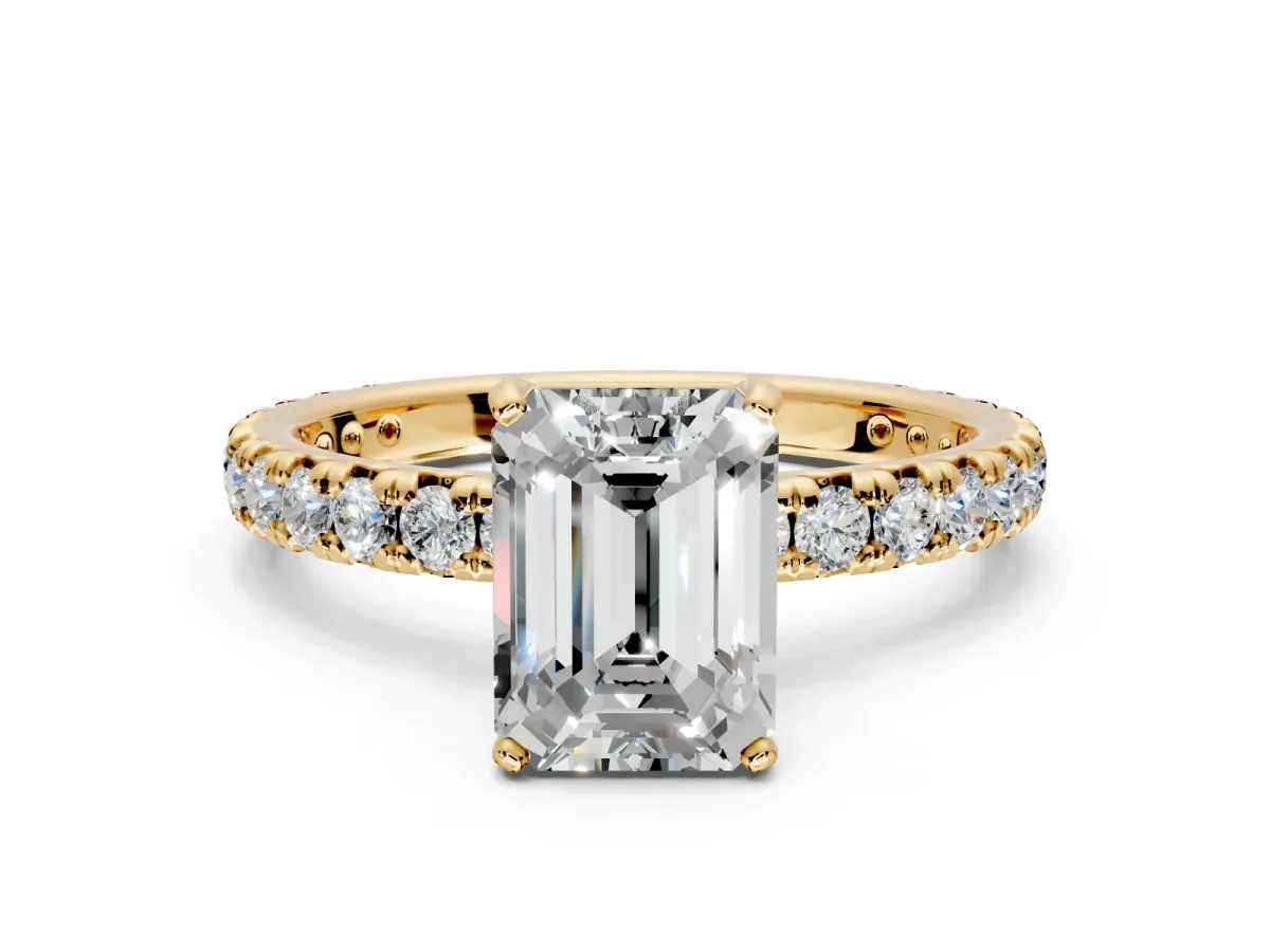Solitaire Engagement Ring Setting for Emerald Cut Center with Shared-Prong Accents and Prong Head in Yellow Gold