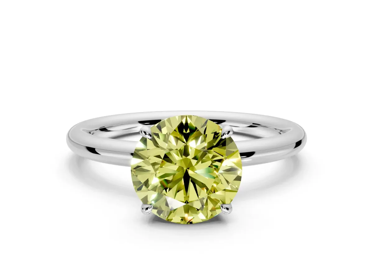 Hidden Halo Engagement Ring Setting for Fancy Yellow Round Cut Center with Thin Rounded Band and Prong Head in Sterling Silver