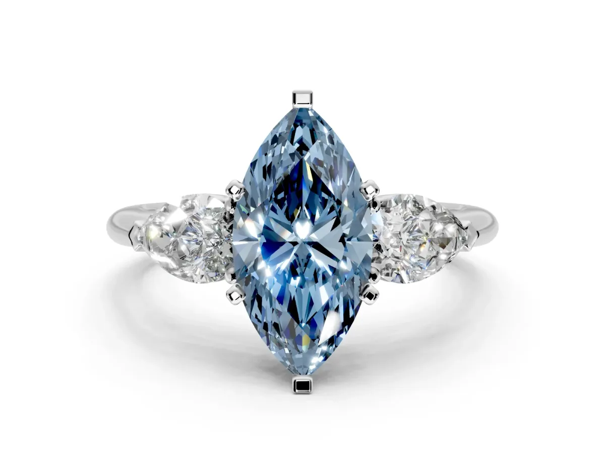 3 Stone Engagement Ring Setting for Fancy Blue Marquise Center with Large Pear-Shaped Accents and Prong Head in Platinum