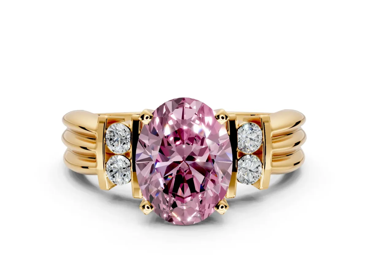 Solitaire Engagement Ring Setting for Fancy Pink Oval Center with Grooved Bar Accent Band and Prong Head in Yellow Gold