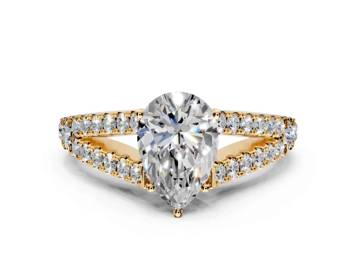 Solitaire Engagement Ring Setting for Pear-Shaped Center with Pave Split Shank and Prong Head in Yellow Gold