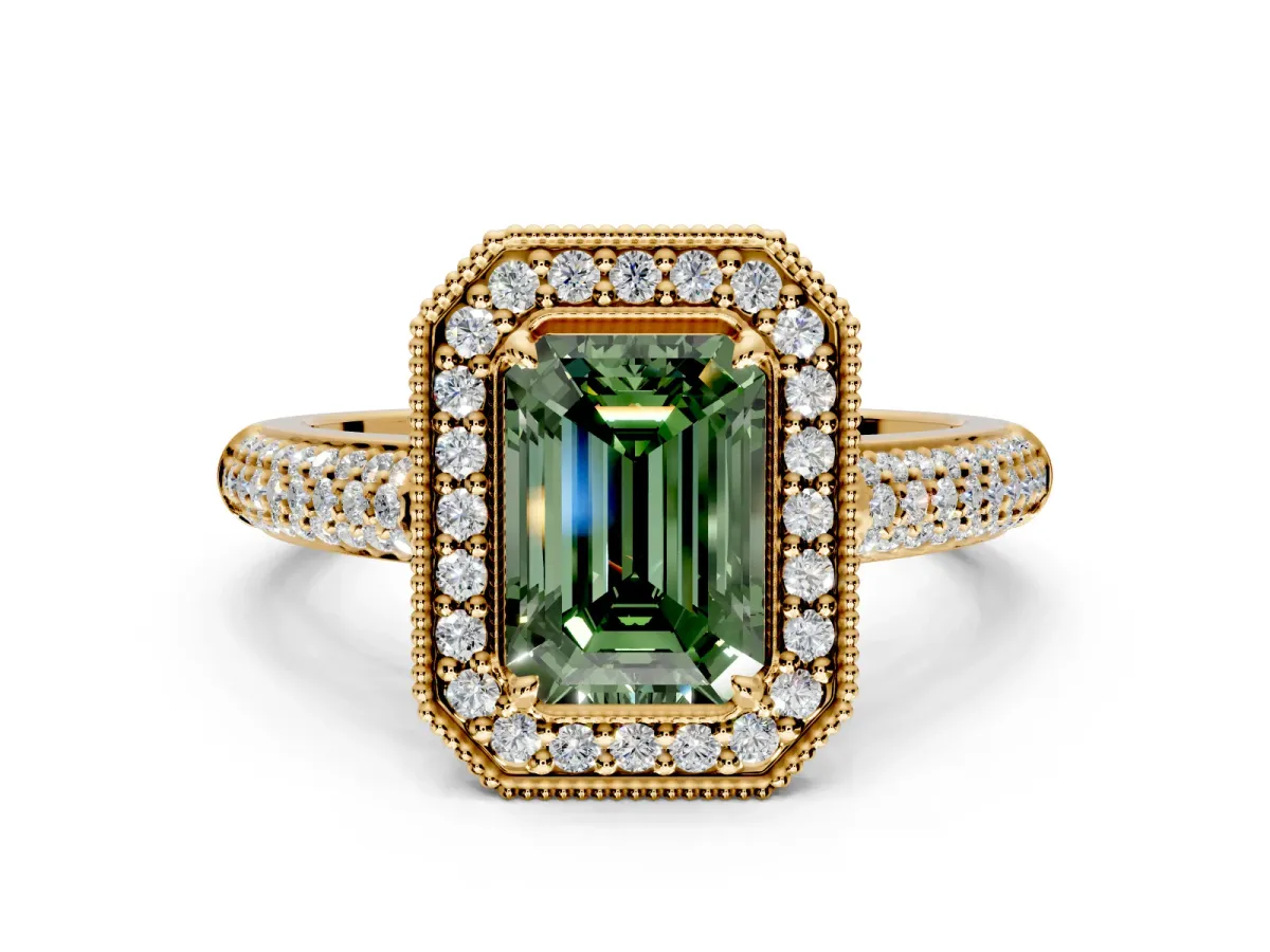 Milgrain Halo Engagement Ring Setting for Fancy Green Emerald Cut Center with Three-Sided Pave Band and Prong Head in Yellow Gold