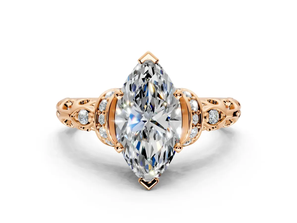Solitaire Engagement Ring Setting for Marquise Center with Filigree Band and Prong Head in Rose Gold