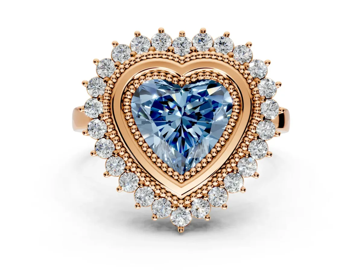Halo Engagement Ring Setting for Fancy Blue Heart-Shaped Center with Milgrain Bezel Rim, Plain Band and Prong Head in Rose Gold