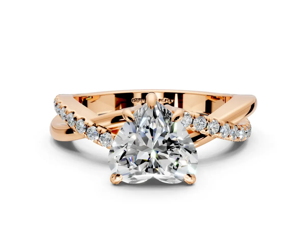 Solitaire Engagement Ring Setting for Heart-Shaped Center with Half-Pave Crossover Band and Prong Head in Rose Gold
