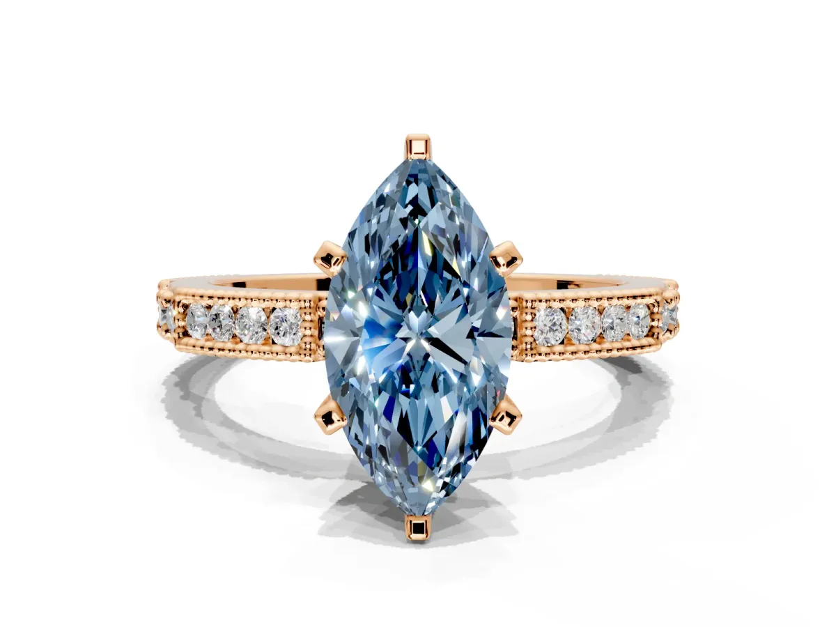 Solitaire Engagement Ring Setting for Fancy Blue Marquise Center with Milgrain-Edged Pave Band and Prong Head in Rose Gold
