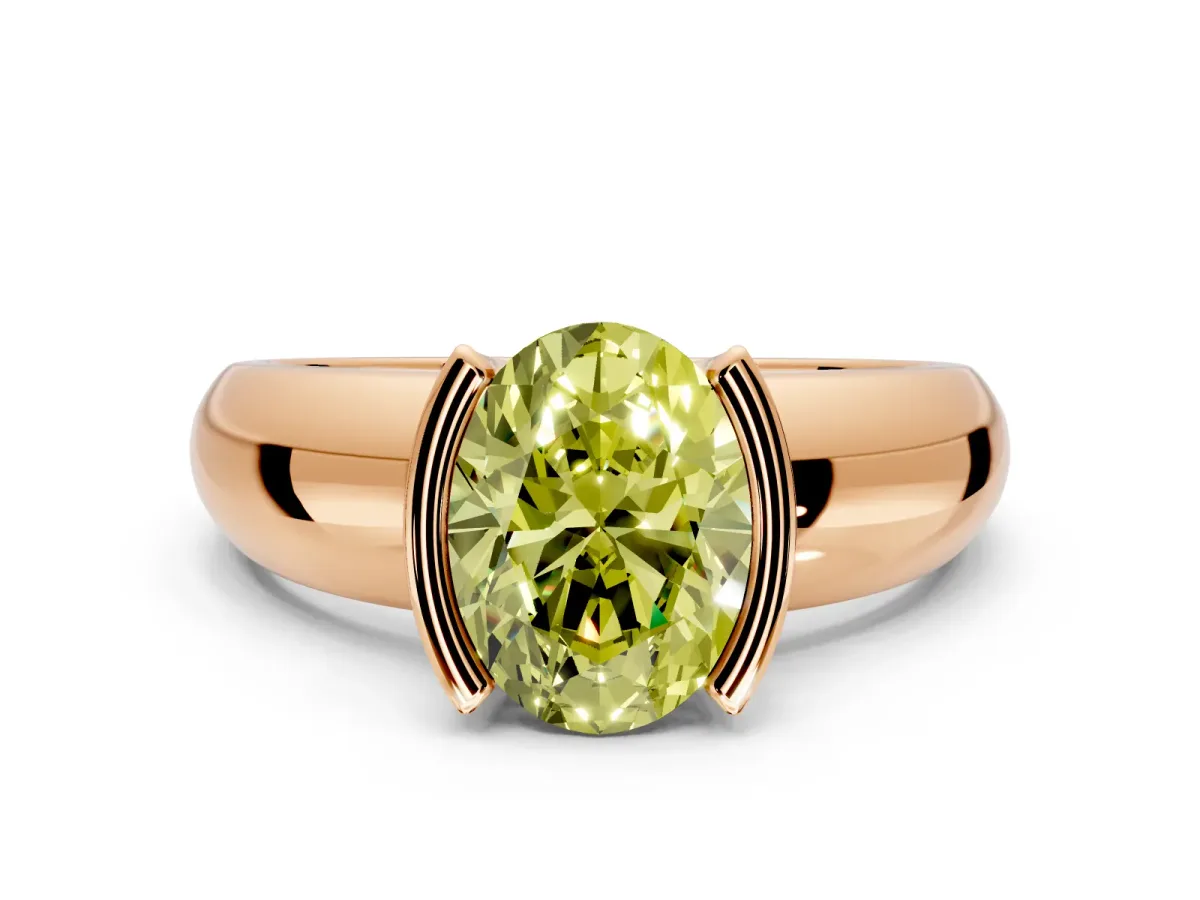 Tension Engagement Ring Setting for Fancy Yellow Oval Center with Wide Flat Band and Tension Head in Rose Gold