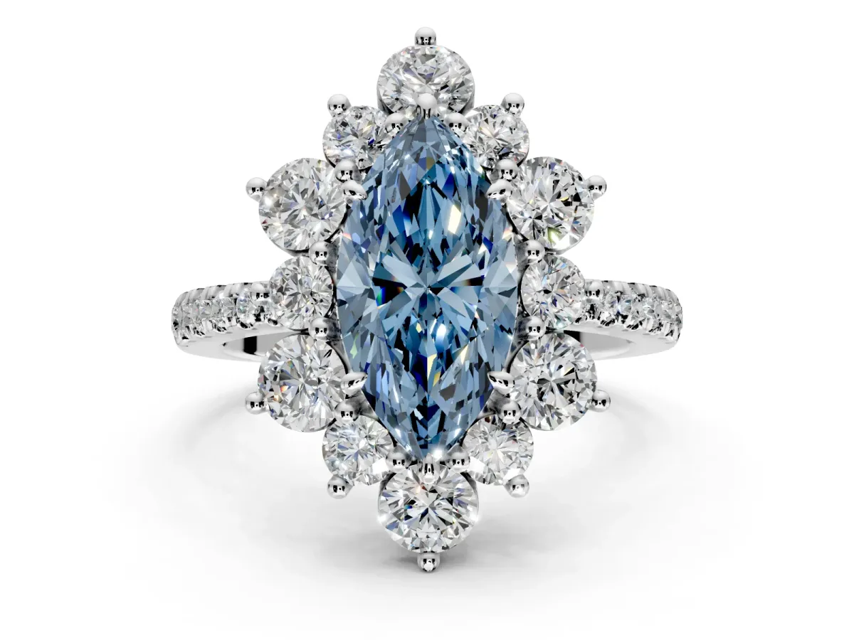 Floral Halo Engagement Ring Setting for Fancy Blue Marquise Center with Pave Accents and Prong Head in Sterling Silver