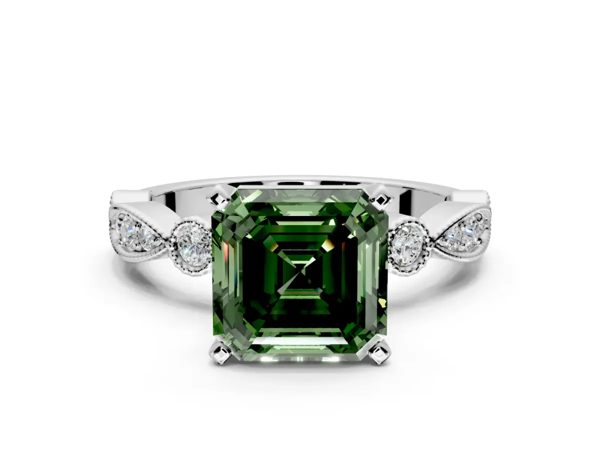 Solitaire Engagement Ring Setting for Fancy Green Asscher Cut Center with Milgrain Bezel Accents and Prong Head in Platinum