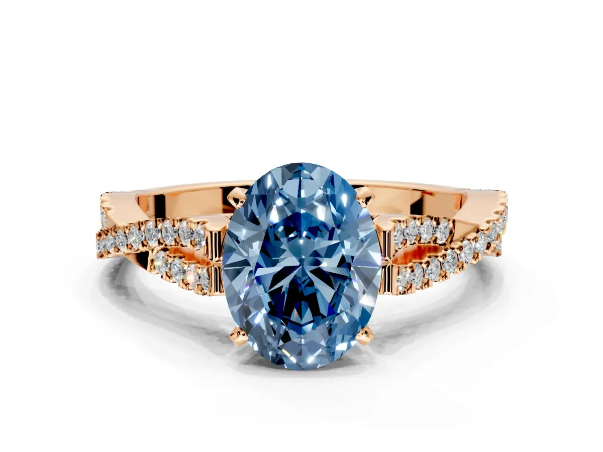 Solitaire Engagement Ring Setting for Fancy Blue Oval Center with Twisted Pave Split Shank and Prong Head in Rose Gold