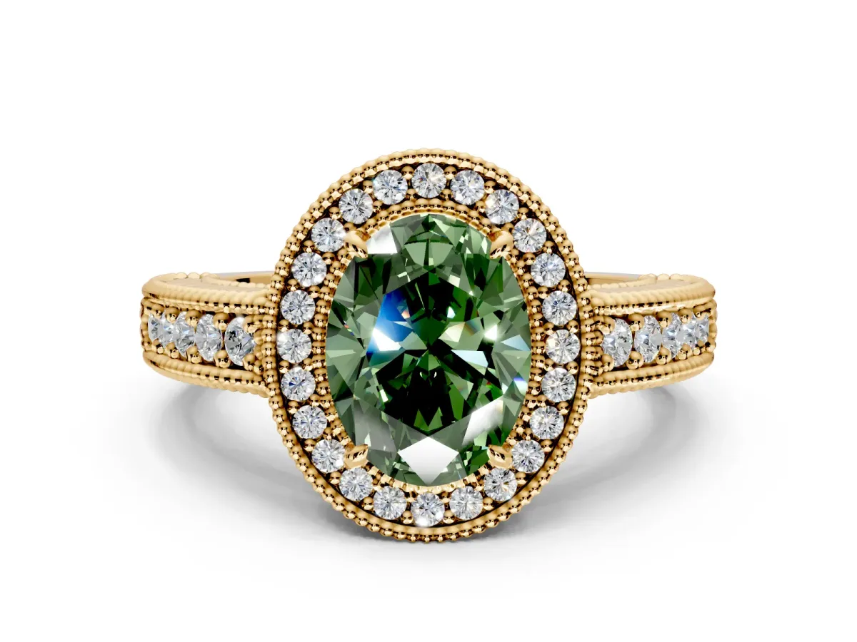 Milgrain Halo Engagement Ring Setting for Fancy Green Oval Center with Pave Band and Prong Head in Yellow Gold