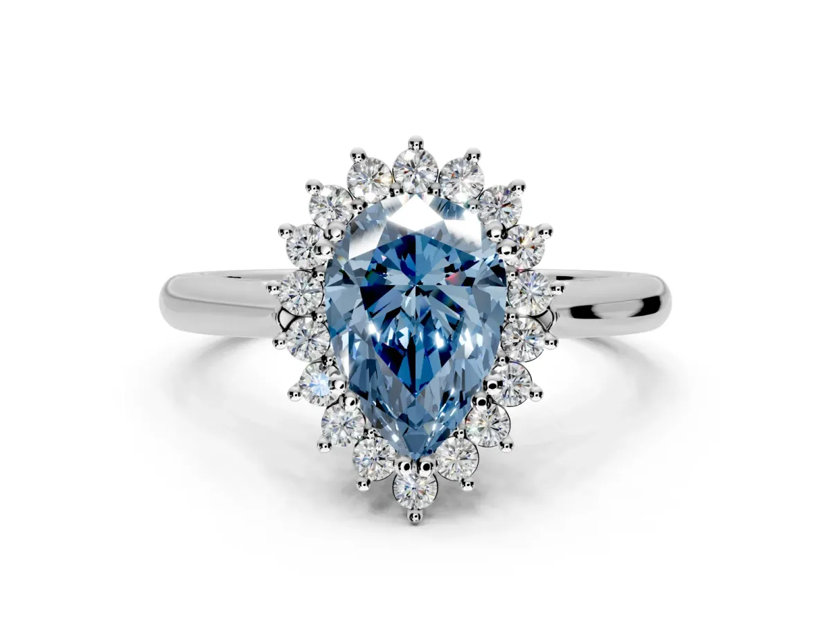 Starburst Halo Engagement Ring Setting for Fancy Blue Pear-Shaped Center with Thin Round-Wire Band and Prong Head in Sterling Silver