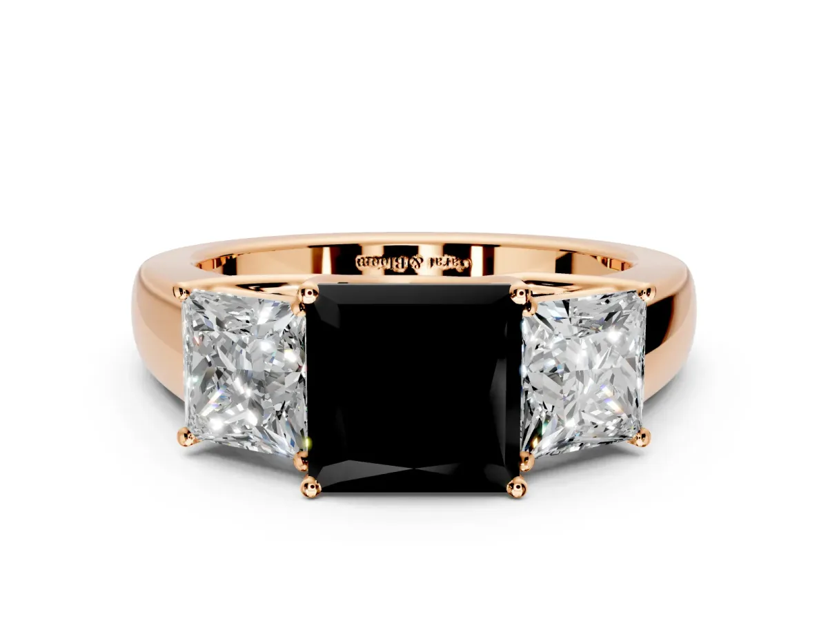 3 Stone Engagement Ring Setting for Fancy Black Princess Cut Center with Raised Basket Heads and Prong Head in Rose Gold