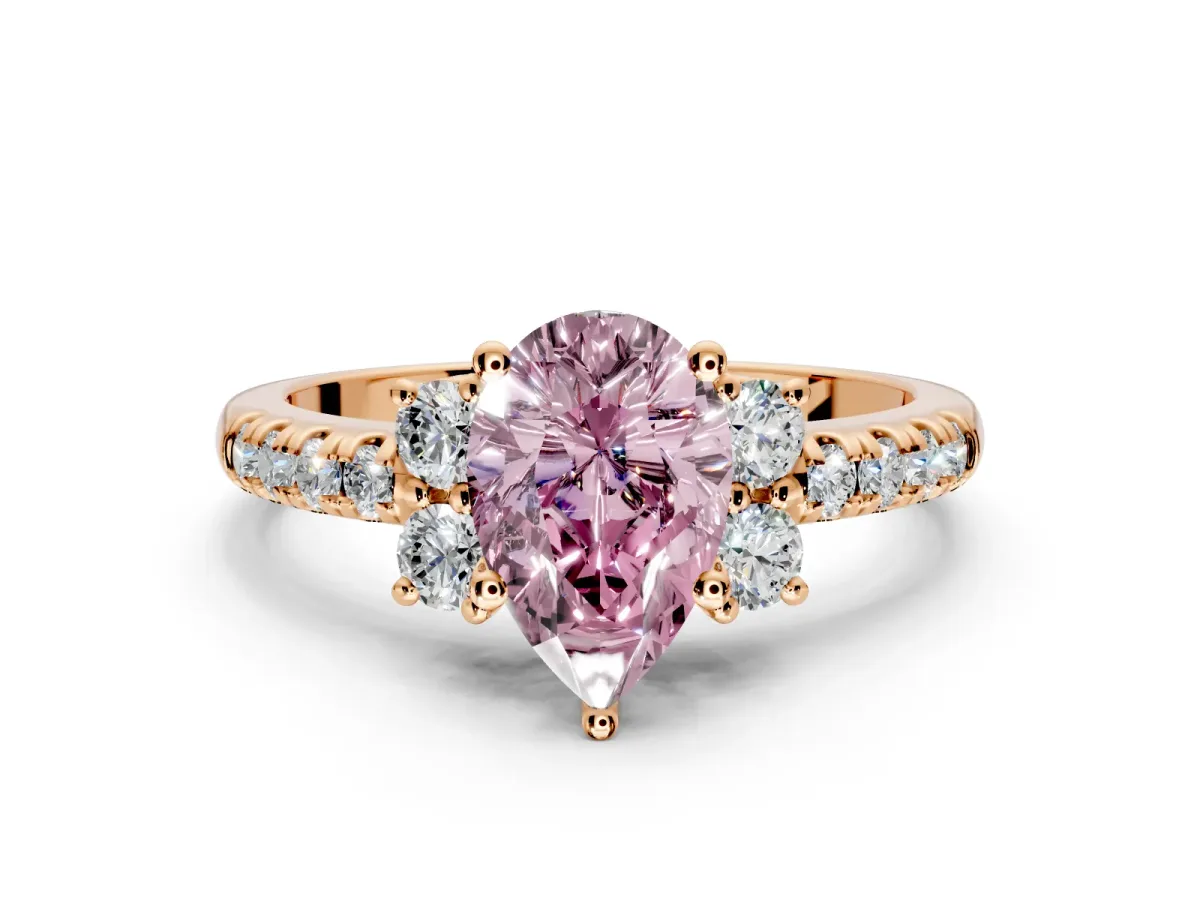 Paired Accent Engagement Ring Setting for Fancy Pink Pear-Shaped Center with Pave Band and Prong Head in Rose Gold