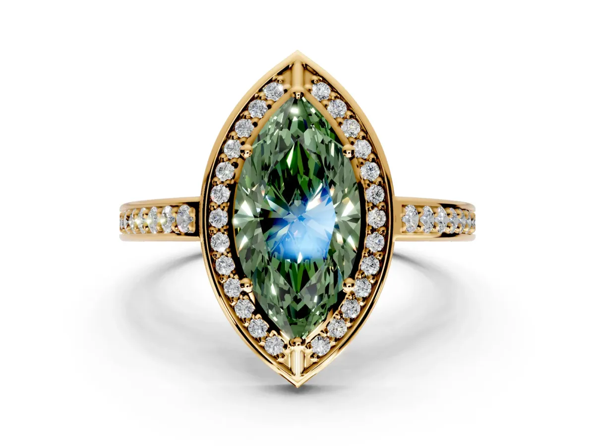 Halo Engagement Ring Setting for Fancy Green Marquise Center with Framed Halo, Pave Band and Prong Head in Yellow Gold