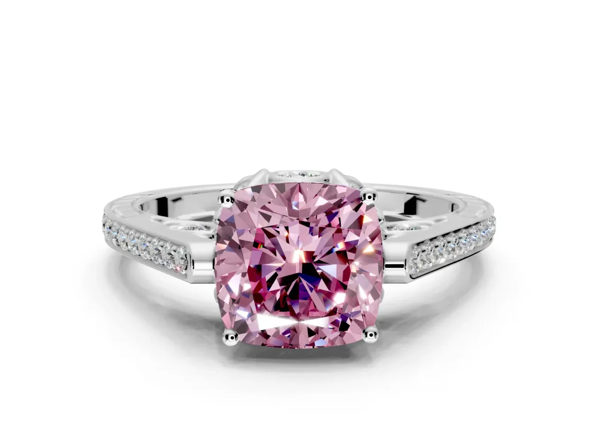 Cathedral Engagement Ring Setting for Fancy Pink Cushion Cut Center with Antique-Style Pave Band and Prong Head in White Gold