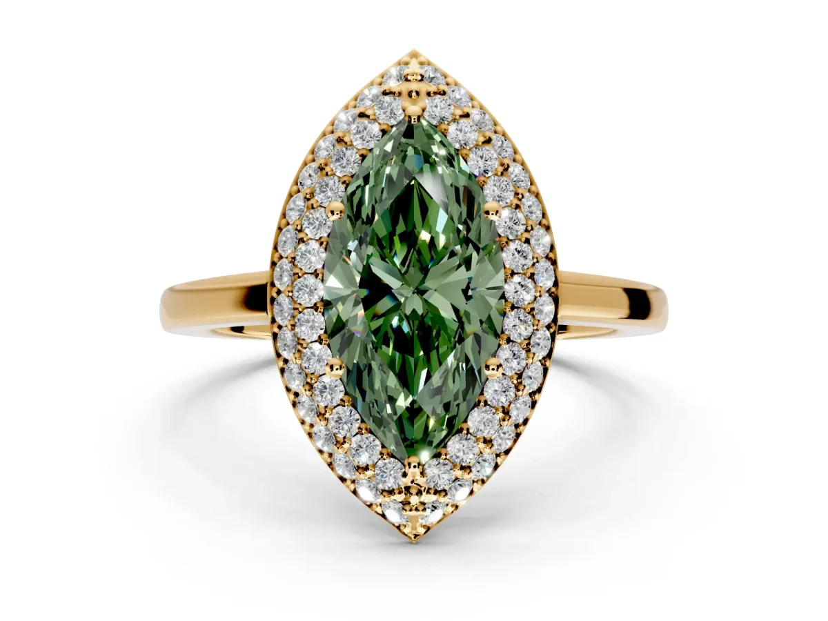 Halo Engagement Ring Setting for Fancy Green Marquise Center with Plain Tapered Band and Prong Head in Yellow Gold