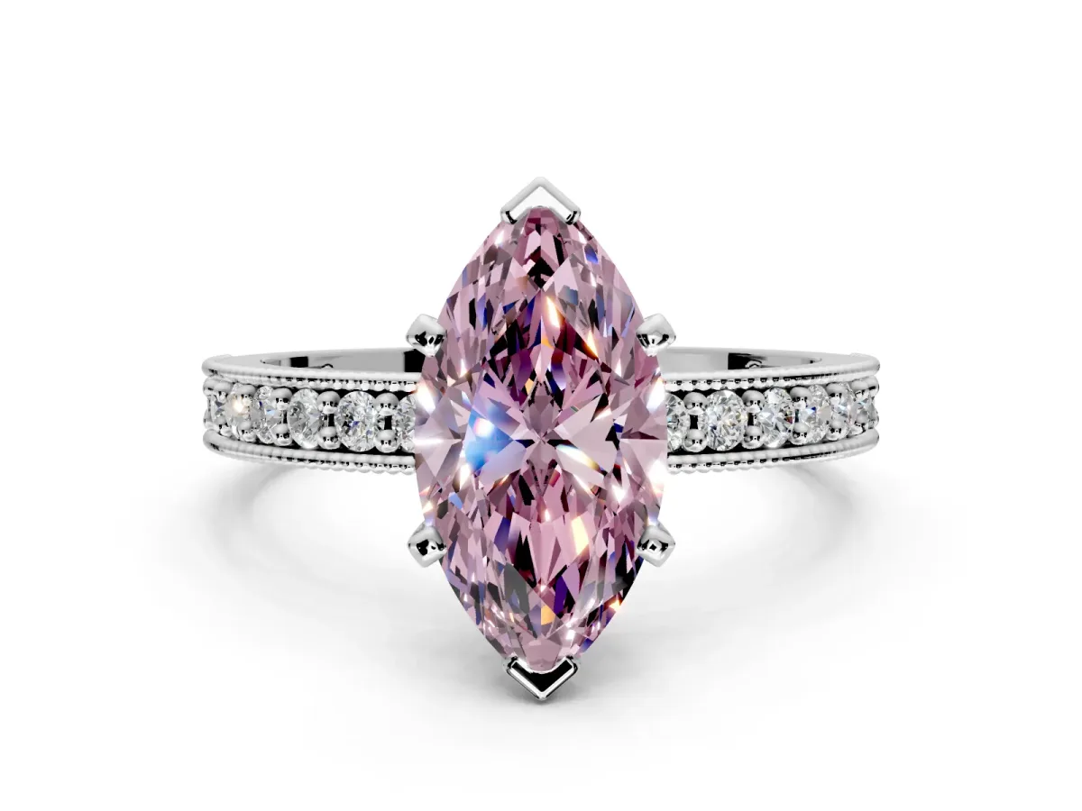 Milgrain Pave Engagement Ring Setting for Fancy Pink Marquise Center with Accent Band and Prong Head in Platinum