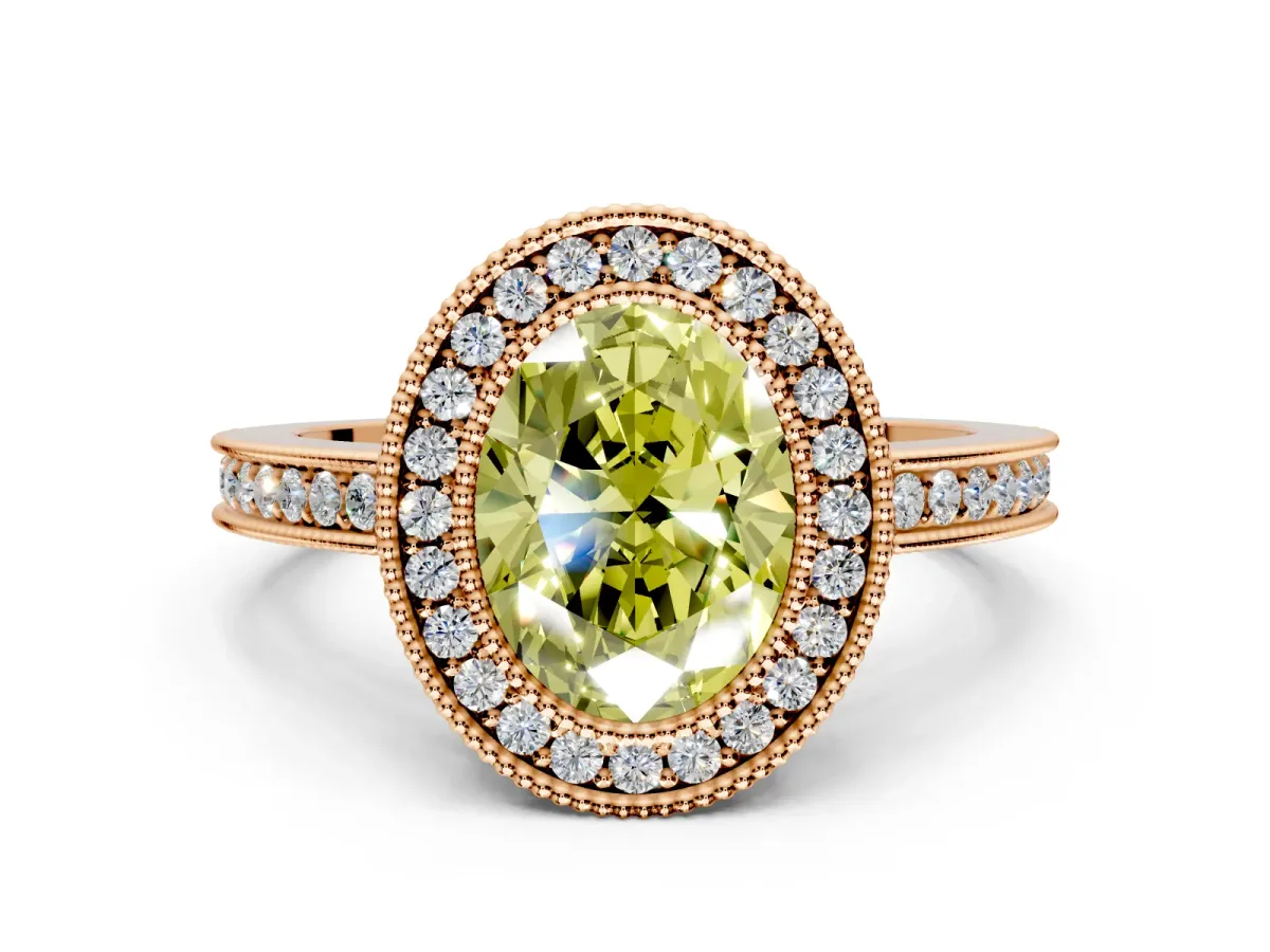 Halo Engagement Ring Setting for Fancy Yellow Oval Center with Milgrain Halo, Pave Band and Prong Head in Rose Gold