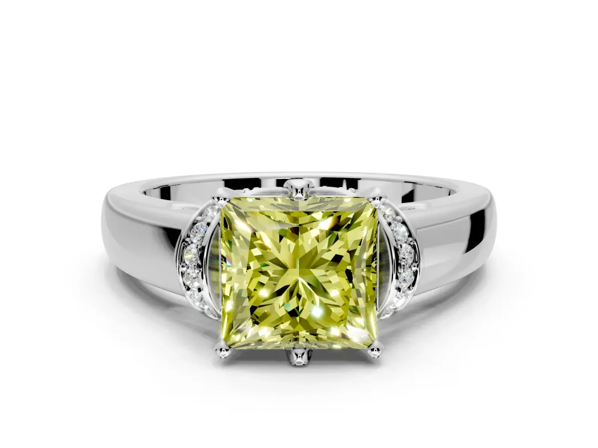 Solitaire Engagement Ring Setting for Fancy Yellow Princess Cut Center with Wide Band, Pave Collar and Prong Head in White Gold