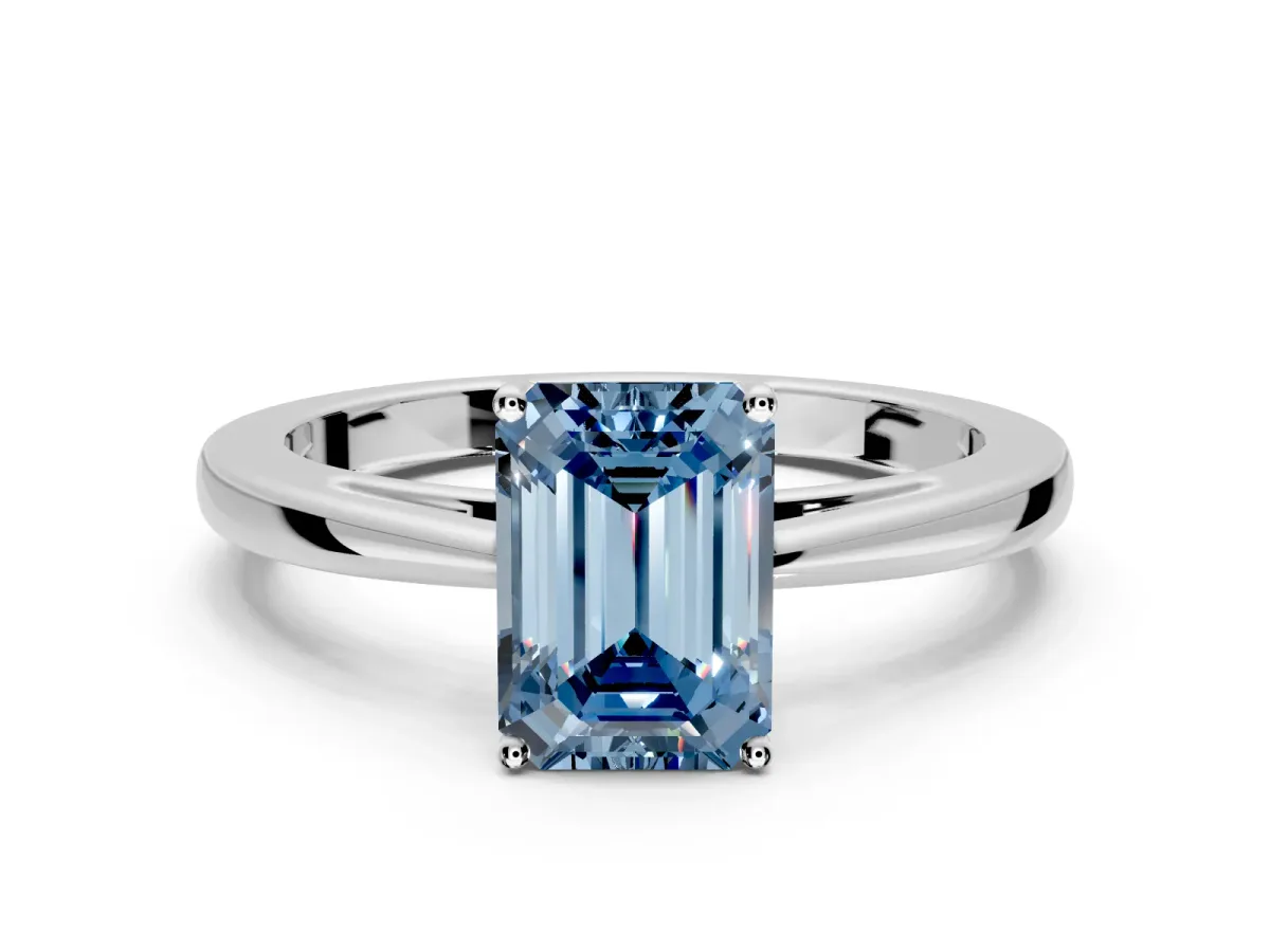 Solitaire Engagement Ring Setting for Fancy Blue Emerald Cut Center with Open Cathedral Shoulders and Prong Head in Platinum