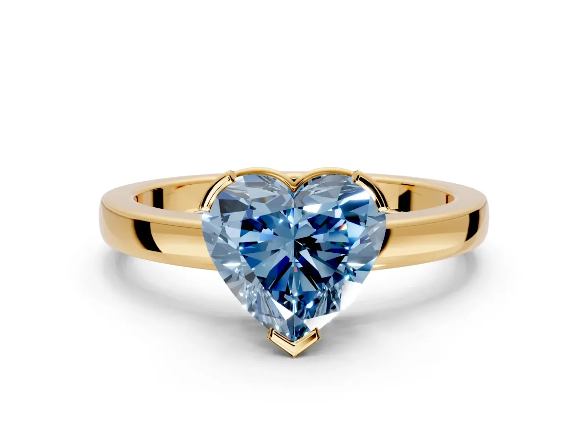 Solitaire Engagement Ring Setting for Fancy Blue Heart-Shaped Center with Plain Band and Flat Tab Prong Head in Yellow Gold