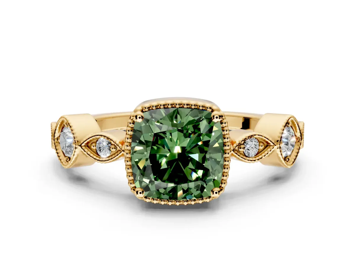 Vintage Station Engagement Ring Setting for Fancy Green Cushion Cut Center with Accents and Prong Head in Yellow Gold
