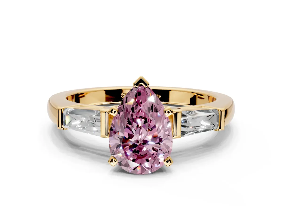 3 Stone Engagement Ring Setting for Fancy Pink Pear-Shaped Center with Tapered Baguettes, Plain Band and Prong Head in Yellow Gold