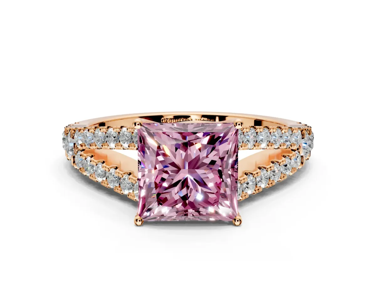 Solitaire Engagement Ring Setting for Fancy Pink Princess Cut Center with Pave Split Shank and Prong Head in Rose Gold