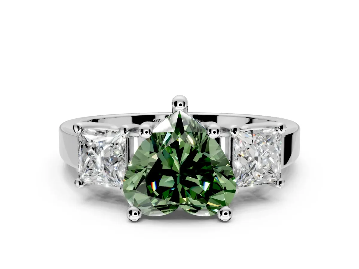 3 Stone Engagement Ring Setting for Fancy Green Heart-Shaped Center with Matching Side Accents and Prong Head in Platinum