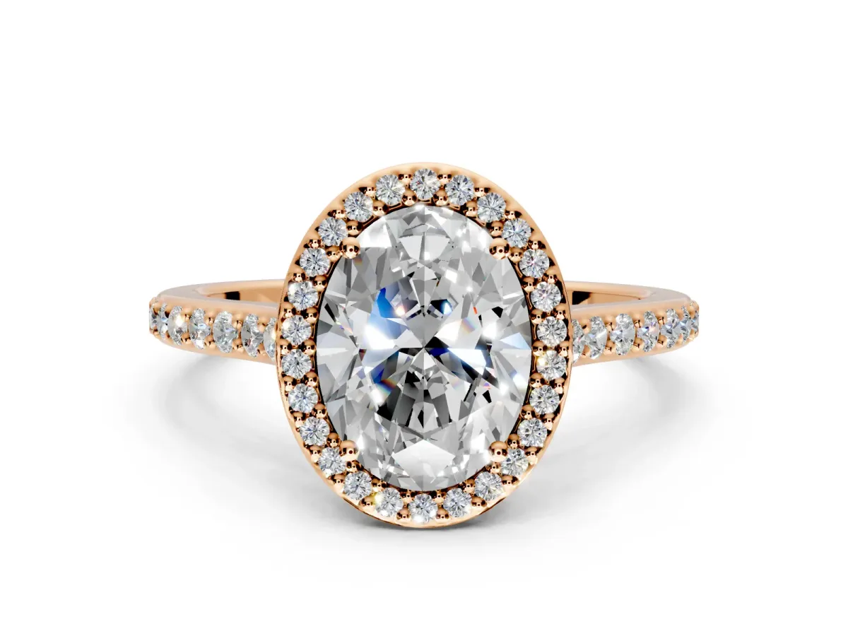 Halo Engagement Ring Setting for Oval Center with Pave Accents, Heart Basket and Prong Head in Rose Gold