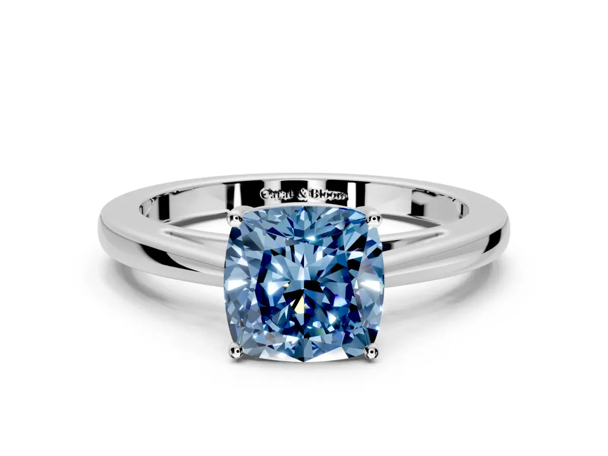 Solitaire Engagement Ring Setting for Fancy Blue Cushion Cut Center with Open Cathedral Shoulders and Prong Head in Platinum