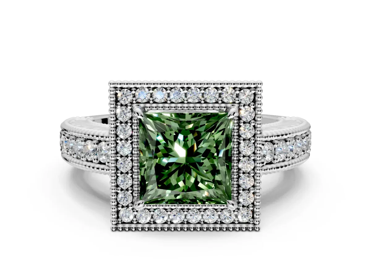 Milgrain Halo Engagement Ring Setting for Fancy Green Princess Cut Center with Pave Band and Prong Head in Platinum