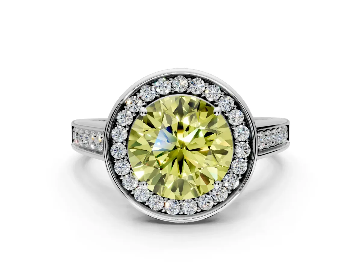 Halo Engagement Ring Setting for Fancy Yellow Round Cut Center with Outer Bezel Rim, Pave Band and Prong Head in Sterling Silver