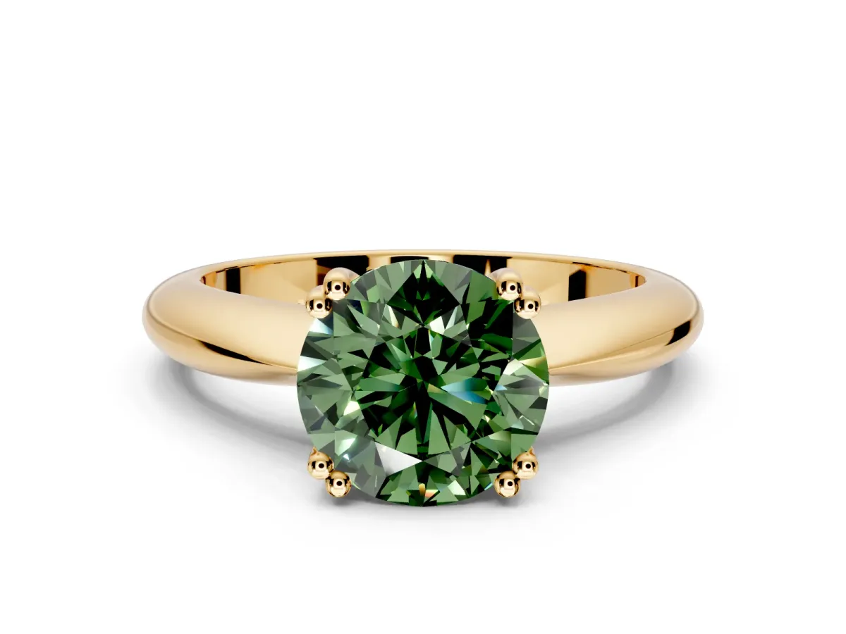 Solitaire Engagement Ring Setting for Fancy Green Round Cut Center with Reverse Tapered Band and Prong Head in Yellow Gold