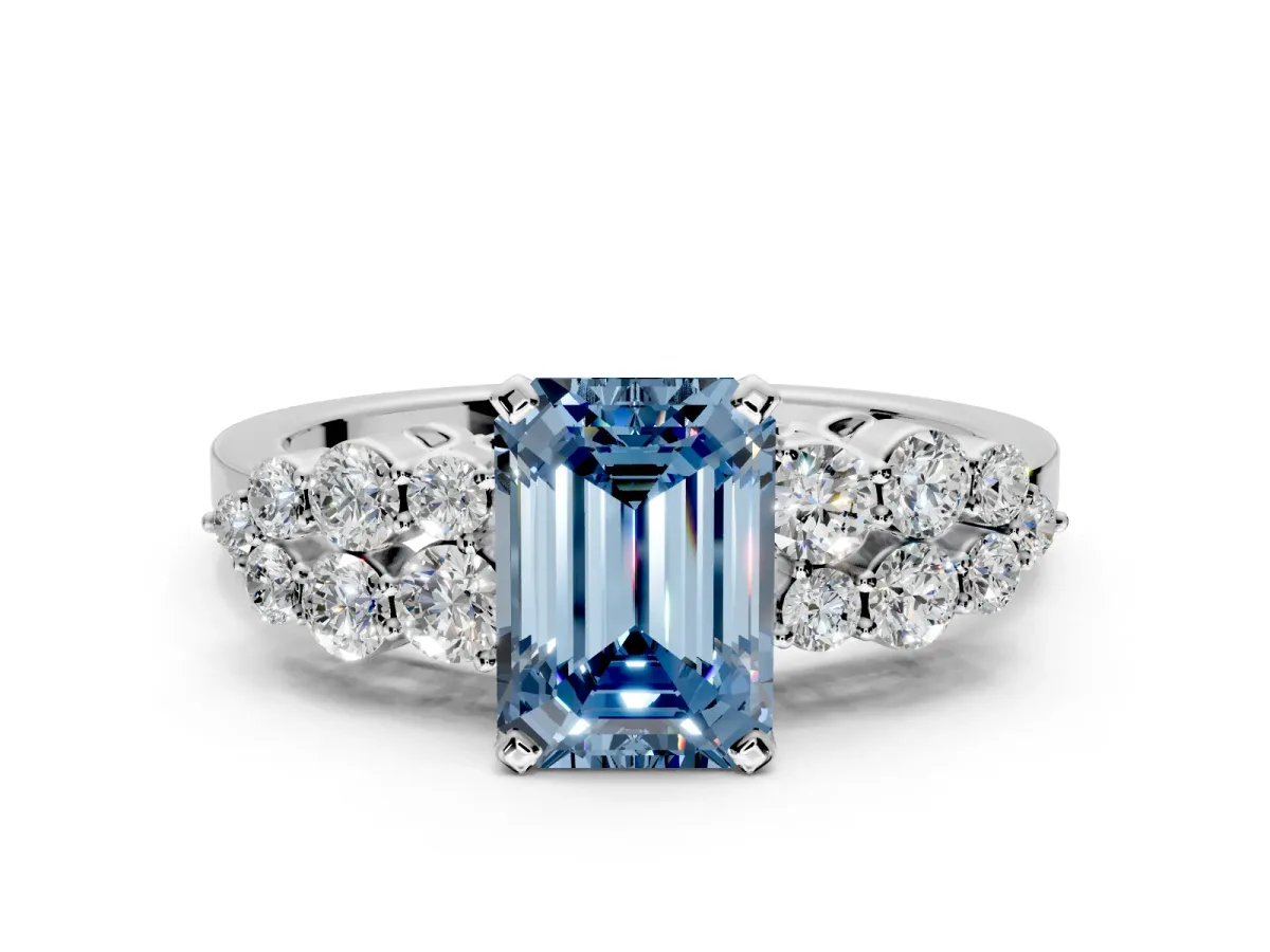 Cluster Engagement Ring Setting for Fancy Blue Emerald Cut Center with 2-Row Shoulder Clusters and Prong Head in Sterling Silver